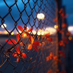 Vibrant orange flowers through a metal fence at dusk