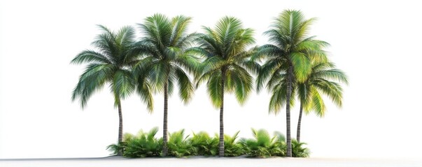 Fototapeta premium Large tropical palm trees rendered in 3D with distinct shapes, isolated against a white background, evoking a sense of warmth and tropical landscapes, Generative AI