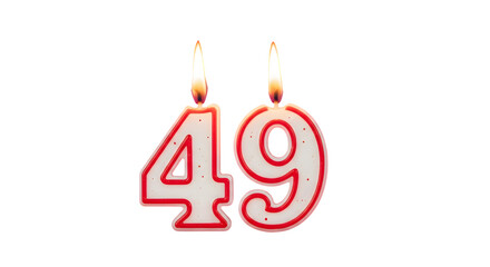 Burning number candles forming the number forty nine on a black background with bright flames above them