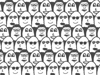 Set of funny cartoon monsters eggs faces easter pattern black background