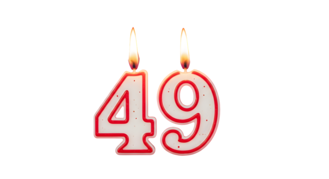 Burning number candles forming the number forty nine on a black background with bright flames above them