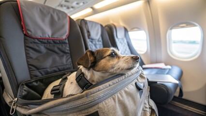 Dog Traveling on Airplane in Carrier Looking Out Window