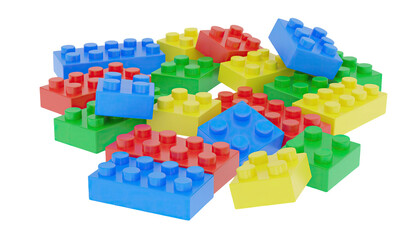 Obraz premium Colorful Plastic Toy Blocks for Kids Building and Educational Play Isolated on White Background