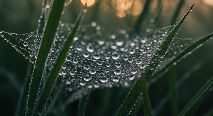 Dew-Kissed Spiderweb: Nature's Sparkling Masterpiece in Green