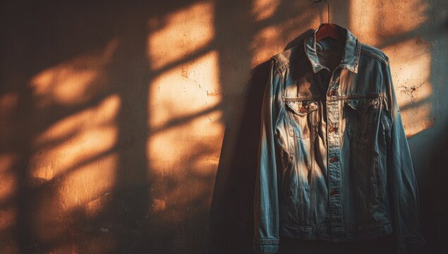 Sun-drenched denim jacket on wall