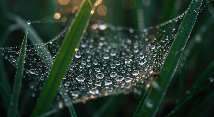 Dew-Kissed Spiderweb: Nature's Sparkling Masterpiece in Green Grass