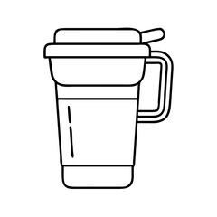 Outline vector illustration of a reusable coffee cup with lid and handle for hot drinks on white