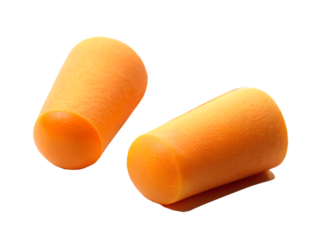 Pair of orange foam earplugs for hearing protection isolated on transparent background
