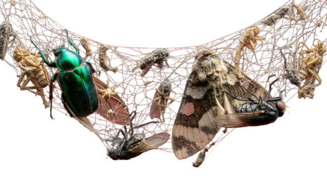 A spiderweb filled with various insects including a beetle, moths, flies, and other unidentified bugs