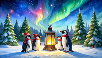 Group of penguins in Christmas hats and tiny scarves gather around a glowing snow lantern under the aurora borealis. A magical Arctic holiday scene full of charm and color.