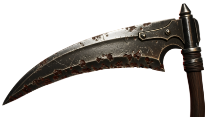A close up of a rusty scythe with a wooden handle and metal accents against a black background image