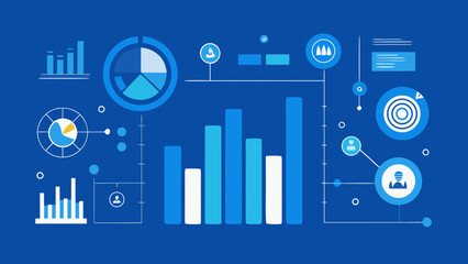 Blue background with bar graphs pie charts and icons representing data and information analysis