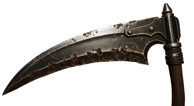 A close up of a rusty scythe with a wooden handle and metal accents against a black background image