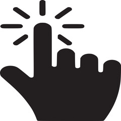 Black hand cursor icon with finger touching or clicking with radiating lines on white background