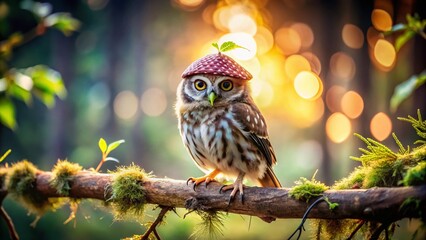 Adorable Baby Owl in Tiny Hat, Serene Nature Scene - Wildlife Stock Photo