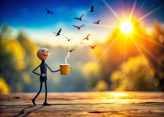 Happy Stick Figure Coffee Stroll: Sunny Day, Birds, Tilt-Shift