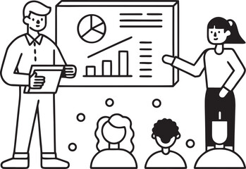 Man presenting bar chart and pie chart to audience on whiteboard presentation meeting