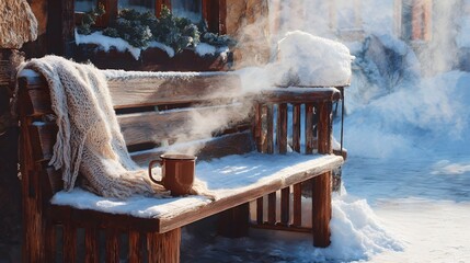 A peaceful and serene winter scene featuring a rustic log cabin with a snow covered bench on the porch surrounded by a tranquil snowy landscape and billowing steam from a warm mug