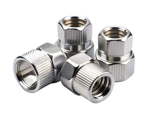 Group of metal nuts with hexagonal shape and threads, isolated on transparent background