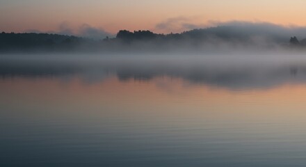 Misty Dawn Lake Reflection: Serene Pink and Grey Landscape Photography
