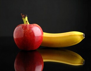 Red apple and yellow banana on black background