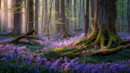 Sunlit Forest, Bluebells, Misty Dawn, Peaceful Scene, Nature Wallpaper
