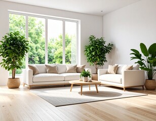 Fototapeta premium Bright and Airy Living Room Interior with Plants and Large Windows