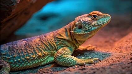 Obraz premium Vibrant Lizard Resting on Sandy Surface in a Colorful Habitat