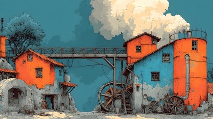 A rugged industrial landscape with weathered steam powered hinery gears and pipes rendered in a gritty illustrative style inspired by vintage graphics and engineering