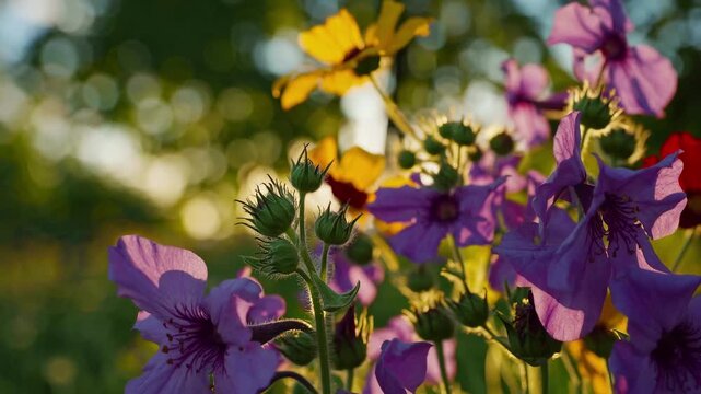 Vibrant flowers in soft focus, captured at eye level. Sunlight filters through, creating a dreamy bokeh effect, perfect for a nature-themed video. Live desktop wallpaper.