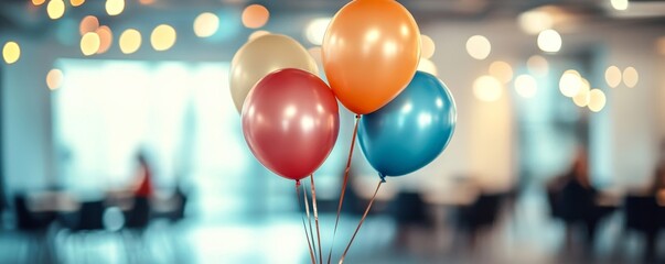 Party balloons celebration banner. Office summer Christmas party. Festive blurred workplace setting. Bokeh businesspeople in a team meeting, Generative AI
