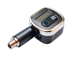 Modern electronic car adapter gadget with digital display isolated on transparent background