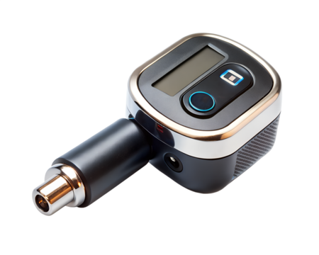 Modern electronic car adapter gadget with digital display isolated on transparent background