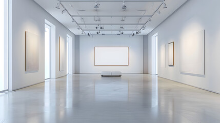 an elegant modern art gallery with large blank canvases on white walls, soft museum lighting, room for brand visuals or campaign content, high-end aesthetic, 16:9 frame