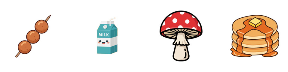Cartoon illustration featuring a dango skewer, milk carton, mushroom, and pancakes transparent background
