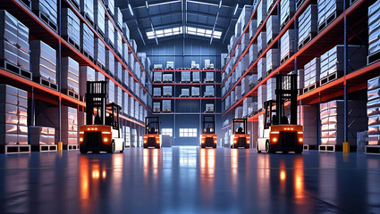 Fototapeta premium Modern Warehouse Interior with Forklifts and Shelving