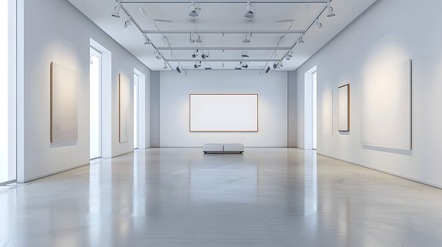 an elegant modern art gallery with large blank canvases on white walls, soft museum lighting, room for brand visuals or campaign content, high-end aesthetic, 16:9 frame