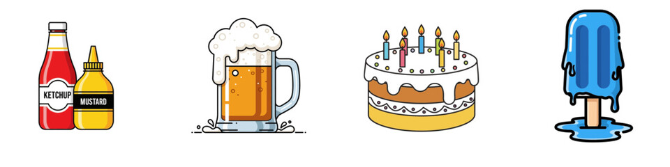 Various colourful icon food and drink icons including condiments, beer, cake, and popsicle transparent background