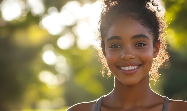 Close-up of a happy Black teenager jogging outdoors in nature. Young African American man exercising to stay fit. Copy space for text, Generative AI