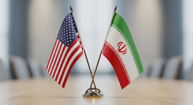 Miniature USA and Iran Table Flags Crossed with Fabric Texture and Polished Metal Bases in Professional Diplomatic Setup JPG