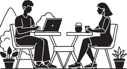 Two people sitting at tables with laptops and drinks outdoors with mountains and plants cafe computer