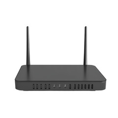 Modern black wireless router with antennas on a plain background, ideal for home networking solutions
