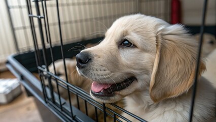 Cute Golden Retriever Puppy in Crate with Adorable Expression