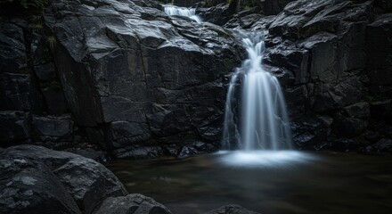 Serene Waterfall Cascading Over Dark Rocks: Nature Photography