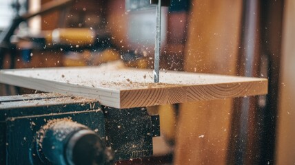 Precise wood cutting operation with a power saw.