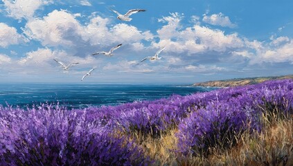Fototapeta premium Lavender field by the ocean with birds