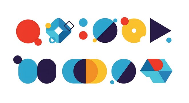 Collection of dynamic geometric abstract shapes and modern vibrant patterns, showcasing digital illustration elements with clean lines and colorful designs for creative projects and backgrounds.