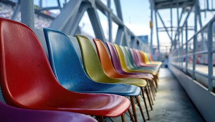 Colorful plastic chairs in a stadium seating area