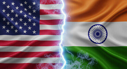USA and India Flags Split with Lightning Bolt Crack and Smoke Symbolizing Trade Conflict and Economic Tension JPG