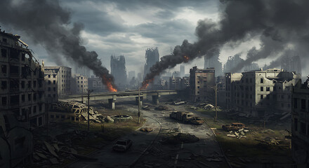 Post-apocalyptic cityscape, ravaged buildings, smoke, destruction, desolation, urban ruin.